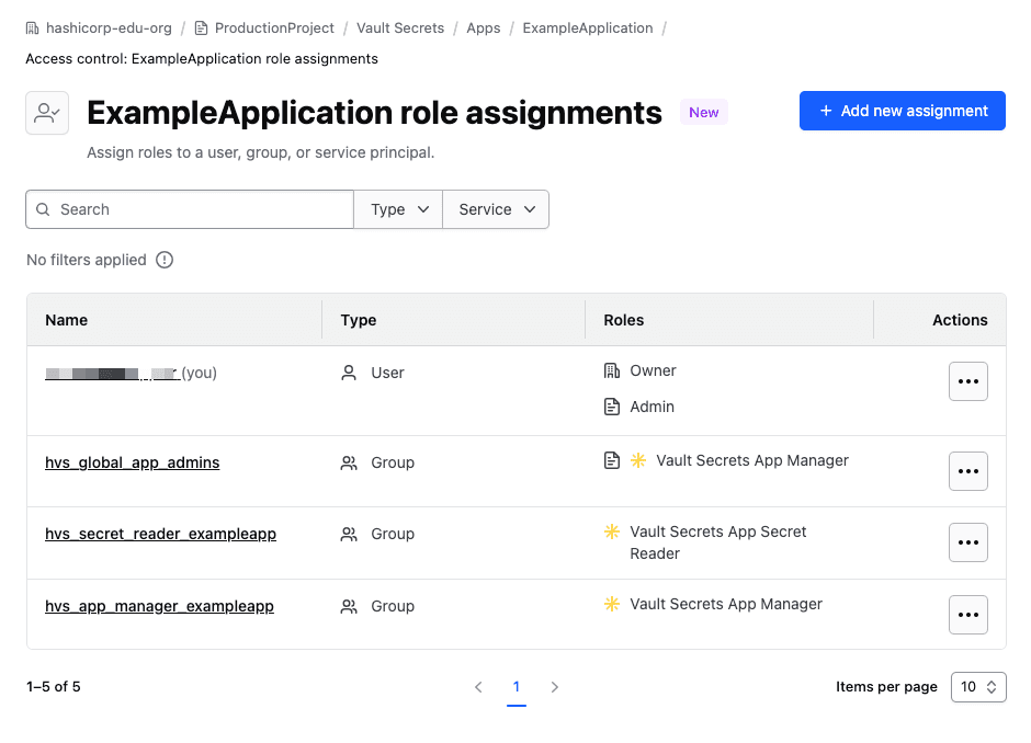 HCP Vault Secrets role assignment page in the exampleapp listing all groups
assigned during the tutorial