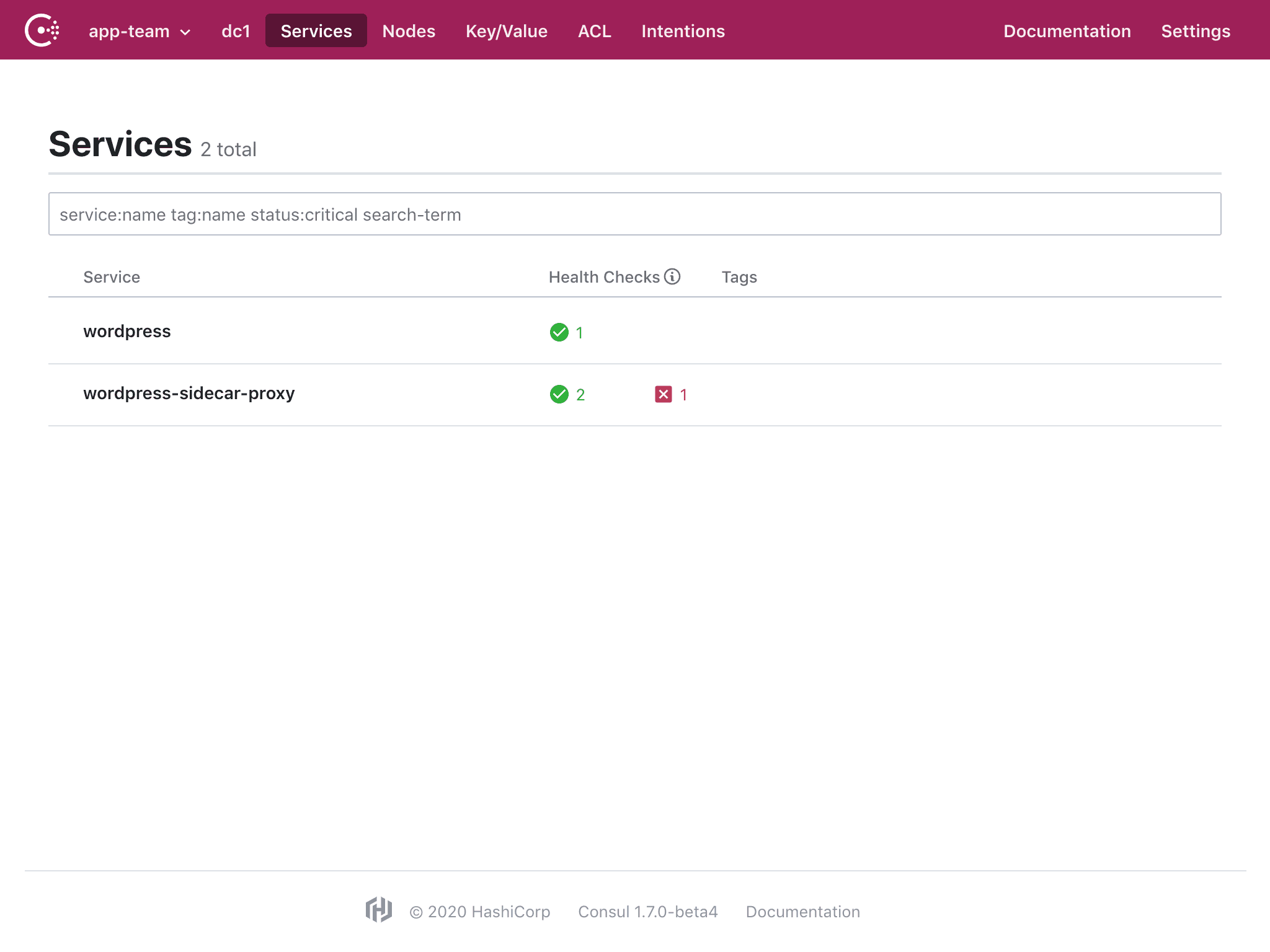 Consul UI with the app-team namespace selected with two services listed.