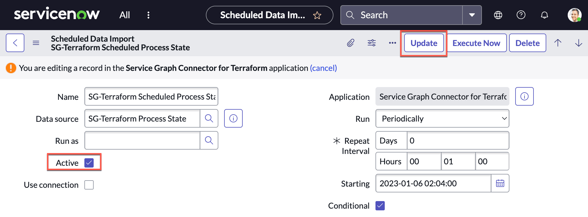 ServiceNow Service Graph Connector scheduled import screen showing the Active checkbox enabled