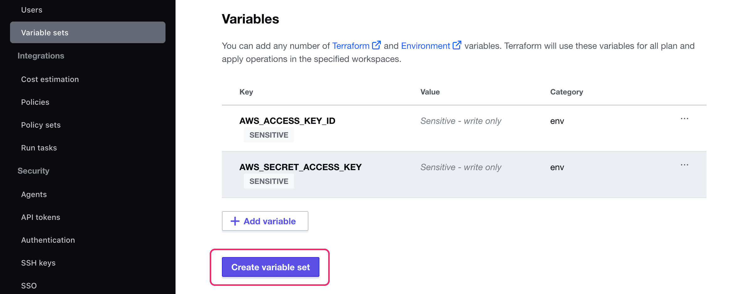 Save credential variable set