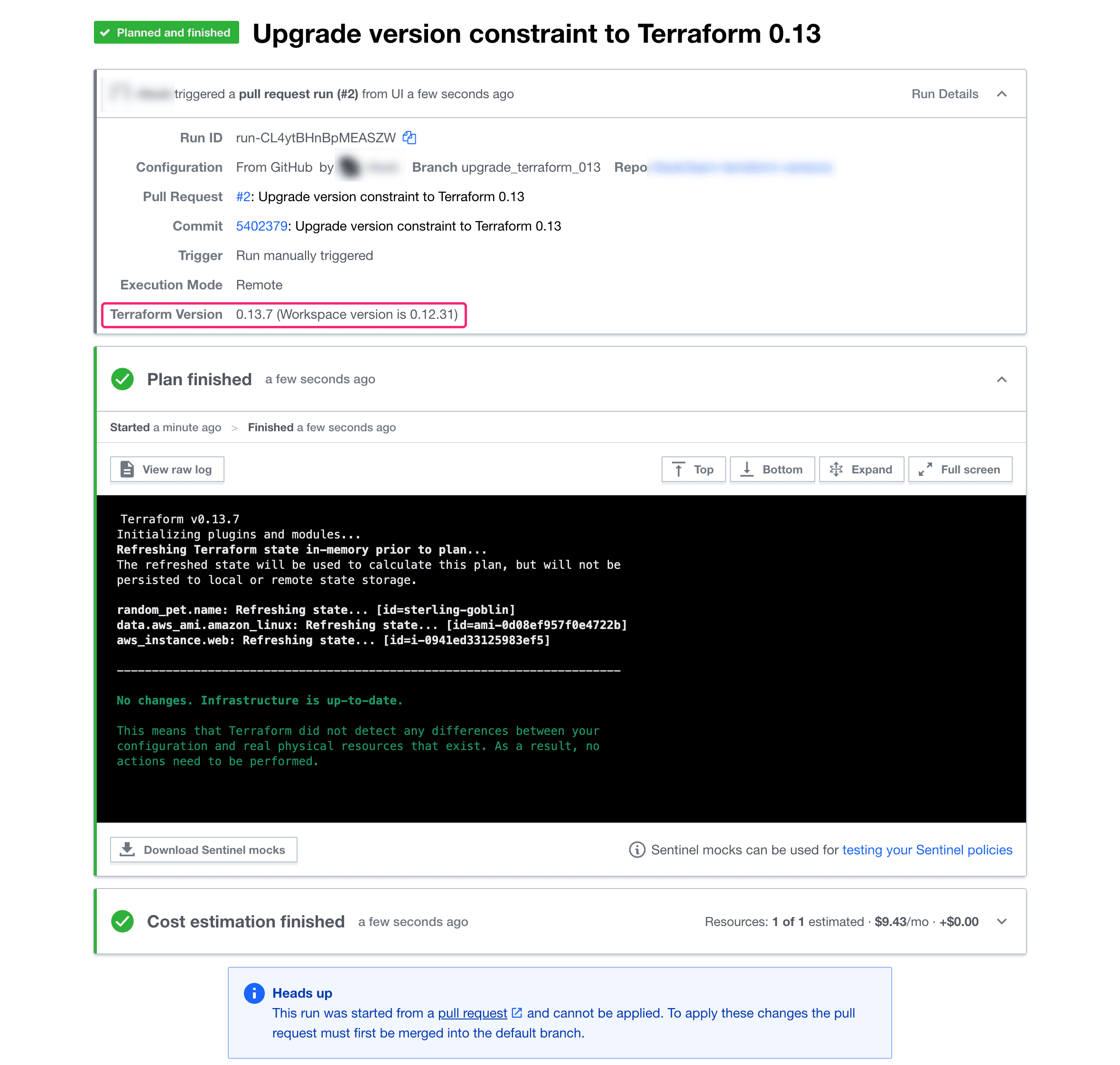 Successful HCP Terraform version upgrade run