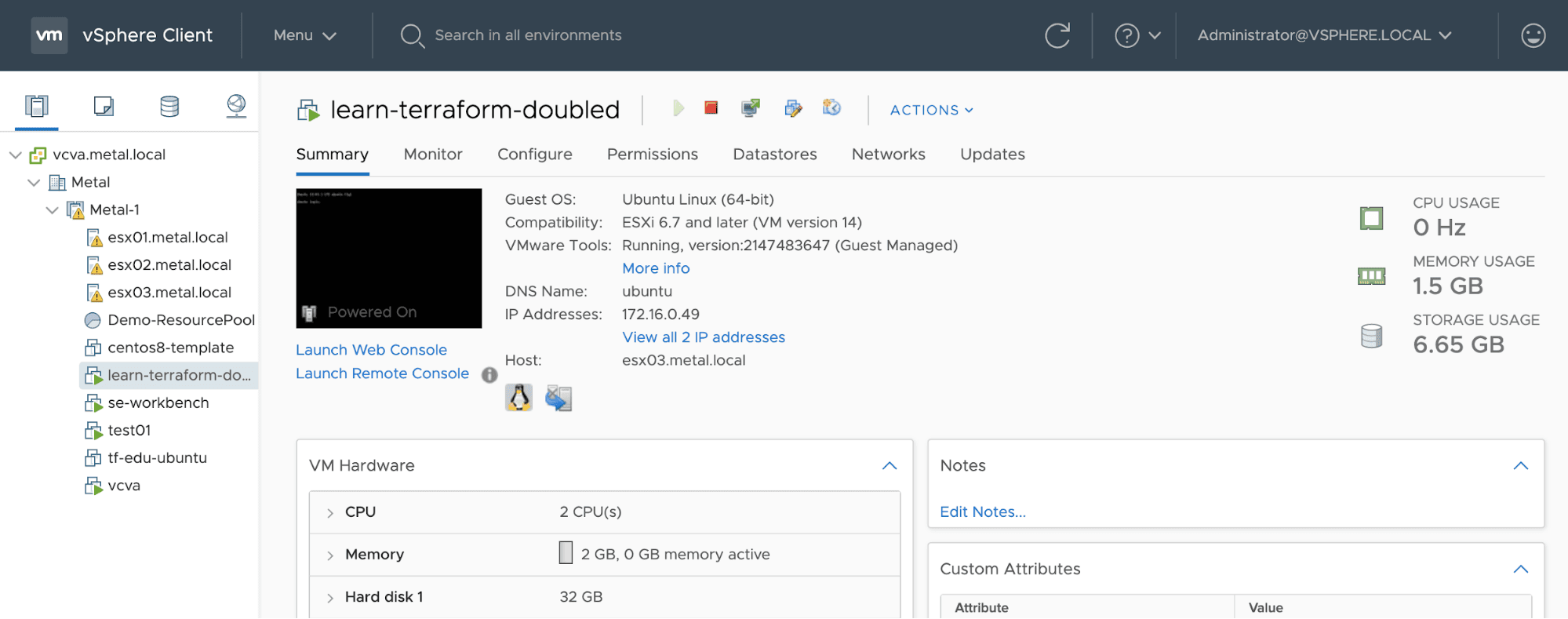 vSphere Client Dashboard showing modified vSphere VM: learn-terraform-doubled