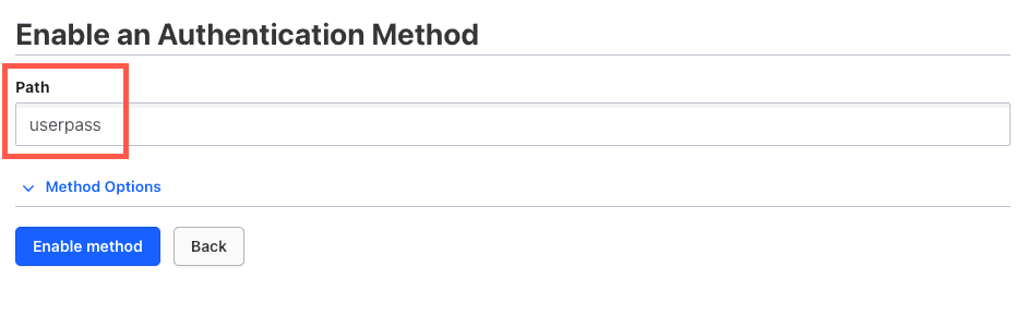 Vault UI showing the path configuration for enabling an auth method