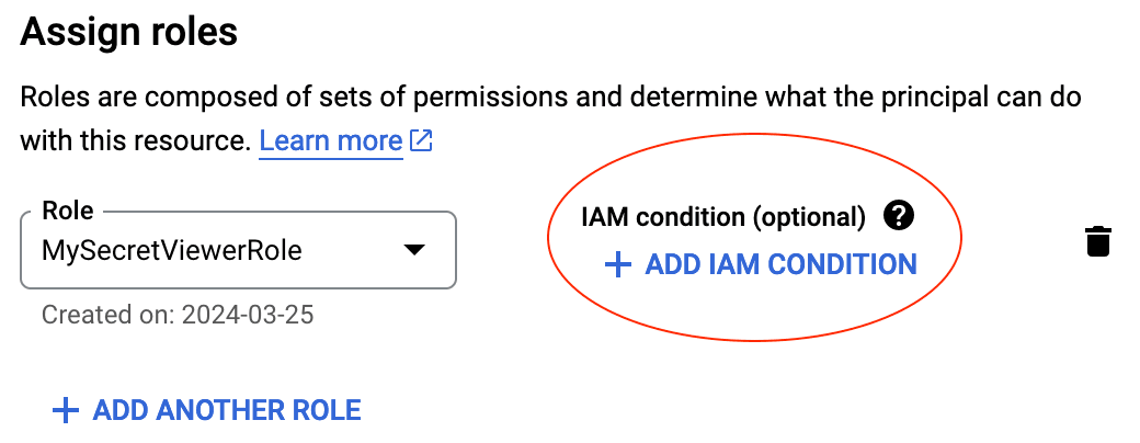 Assign Roles screen in GCP with the "+ADD IAM CONDITION" link circled in red